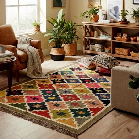 Multicolor Jute Handcrafted Vintage Dhurrie For Home